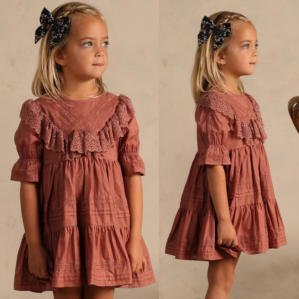 Noralee Genevieve Dress in Poppy Pink Lace Size 2 | Tiered Cotton Kids Girly